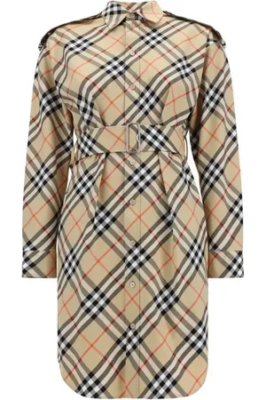 Burberry Kleedjes, Dames, Bruin, S, Katoen, Geruite Overhemdjurk met Riem