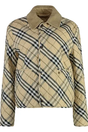 Burberry Jassen, Dames, , S, Katoen, Katoenen Jas met Ruitpatroon en Corduroy Kraag