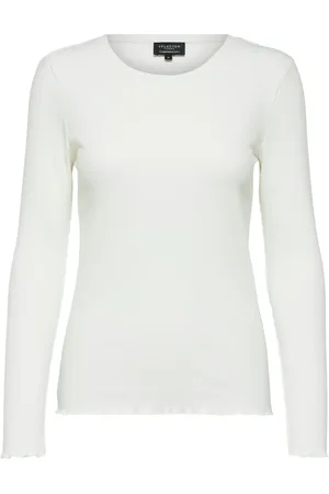 SELECTED Tops, Dames, Wit, XL, Katoen, Anna LS T-shirt met ronde hals