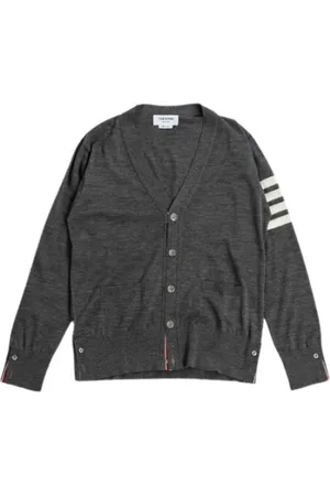 Thom Browne Truien, Heren, Grijs, L, Wol, Grijze wollen cardigan met driekleurige strepen