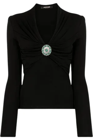 Roberto Cavalli Blouses & Shirts, Dames, Zwart, S, V-hals Top met Versiering Slim Fit