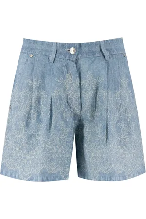 ERMANNO SCERVINO Korte broeken, Dames, Blauw, S, Denim, Linnen Denim Patroon Bloemenkanten Shorts