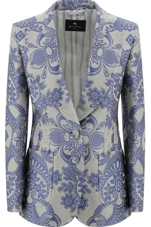 Etro Jassen, Dames, Blauw, M, Blauwe Kant Jacquard Single-Breasted Jas