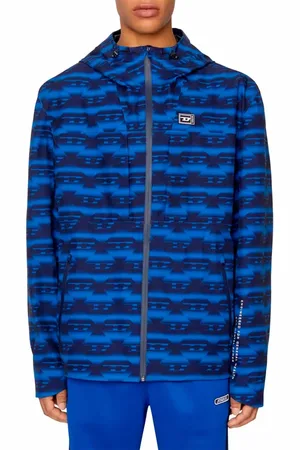 Diesel Jassen, Heren, Blauw, M, Polyester, Waterdichte Jas met Capuchon