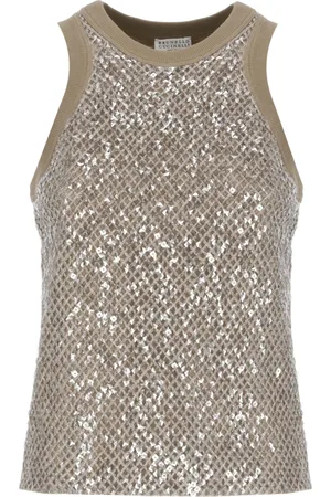 Brunello Cucinelli Tops, Dames, Bruin, M, Katoen, Bruin Katoenen Paillet Top