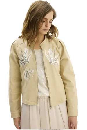 In Front Jassen, Dames, , S, Katoen, Elegante Sand Blazer met Geborduurde Details