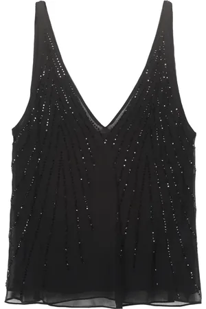 Retrofete Tops, Dames, Zwart, M, Zijden blouse met strass versiering
