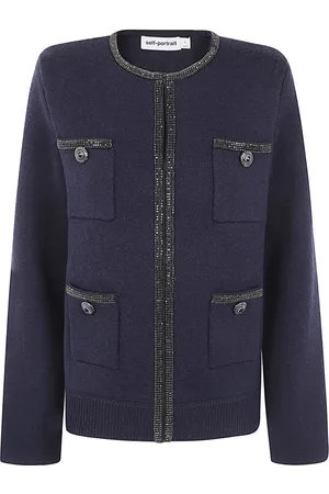 Self-Portrait Truien, Dames, Blauw, L, Katoen, Blauw Gebreid Vest met Juweeldetails