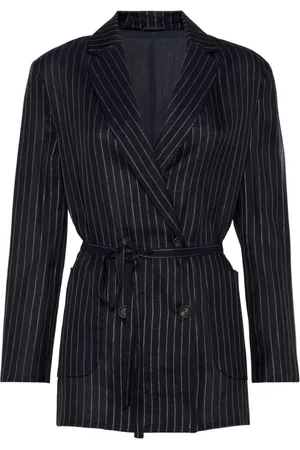 Brunello Cucinelli Jassen, Dames, Blauw, S, Katoen, Nauwsluitende Double Breasted Blazer met Riem en Pinstripe-patroon
