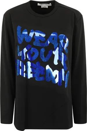 Comme des Garçons Tops, Dames, Zwart, M, Polyester, Glitter Print T-shirt met lange mouwen
