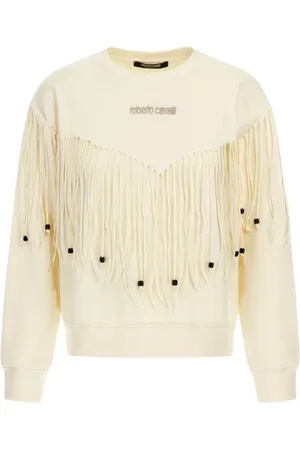 Roberto Cavalli Sweatshirts & Hoodies, Dames, , M, Katoen, Fringe Sweatshirt Ivoor Vrouw Gemaakt Italië