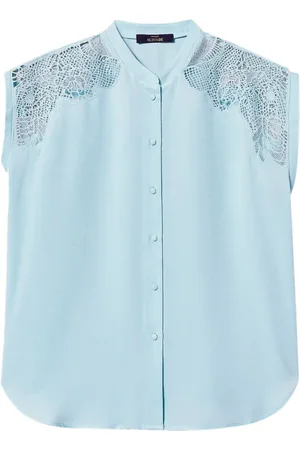 Twin-Set Blouses & Shirts, Dames, Blauw, M, Blauwe Kraagloze Shirts met Kapmouwen