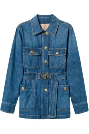 Twin-Set Jassen, Dames, Blauw, XS, Denim, Denim saharajack met puntkraag