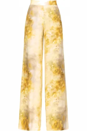 Pinko Broeken, Dames, Geel, S, Satijn, Hoge taille palazzo broek met bloemenprint
