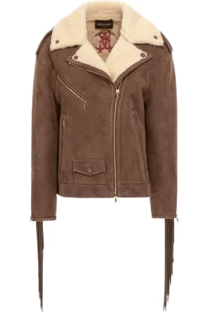 Roberto Cavalli Jassen, Dames, Bruin, L, Bruine Fringe Bikerjas Vrouw