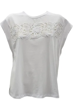 Twin-Set Tops, Dames, Wit, M, Katoen, Katoenen Bloemen Kant T-shirt