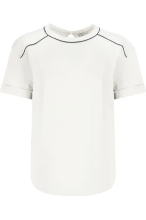Brunello Cucinelli Tops, Dames, Wit, M, Katoen, Katoenen T-shirt met Messing Details