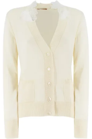 ERMANNO SCERVINO Truien, Dames, Wit, S, Katoen, Kanten Appliqué Cardigan met V-hals