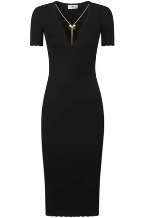 Elisabetta Franchi Kleedjes, Dames, Zwart, M, Polyester, Geribbelde Viscose Jurk met Ketting