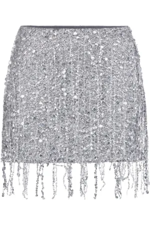 Elisabetta Franchi Rokken, Dames, Grijs, M, Tule, Minirok van tule met pailletten en franjes