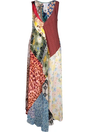 Marine Serre Kleedjes, Dames, Veelkleurig, S, Zijden Patchwork Jurk met V-hals