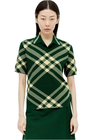 Burberry Tops, Dames, Groen, S, Wol, Wollen Blend Check Polo Top