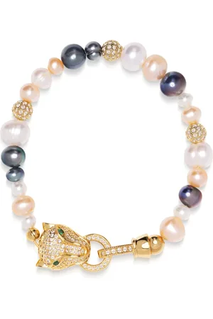 Nialaya Accessoires, Dames, Geel, XS, Multi-gekleurde Parel Armband met Gouden Panterkop