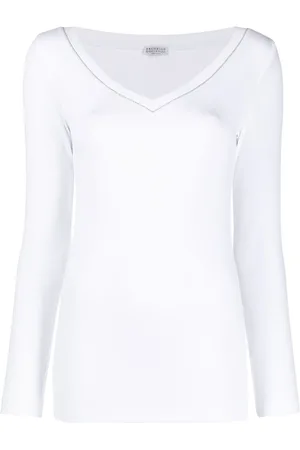 Brunello Cucinelli Tops, Dames, Wit, L, Katoen, V-hals Lange Mouw Truien