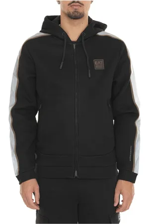 EA7 Sweatshirts & Hoodies, Heren, Zwart, S, Katoen, Hooded Zip Sweatshirt met Contrastdetails