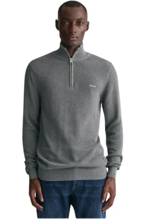 GANT Truien, Heren, Grijs, L, Katoen, Klassieke katoenpiqué sweater met halve rits