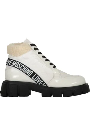 Moschino Schoenen, Dames, Wit, 39 EU, Polyester, Contrasterende veterlaarsjes met patentdetails