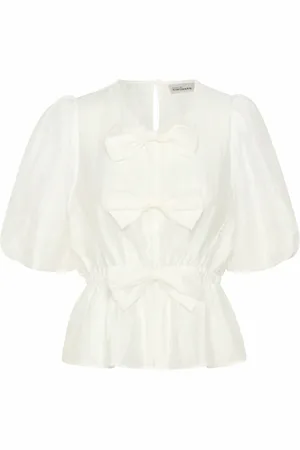 Karen by Simonsen Blouses & Shirts, Dames, Wit, XL, Vrouwelijke Blouse met Pofmouwen en Strikken