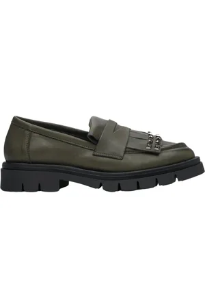 Estro Schoenen, Dames, Groen, 39 EU, Leer, Donkergroene loafers met versieringen