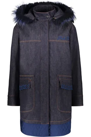 Fendi Mantels, Dames, Blauw, S, Denim, Denim Jas met Vossenbont Afwerking