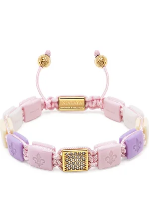 Nialaya Accessoires, Dames, Geel, M, Nylon, Witte, Crème, Zachtroze & Lavendel Keramische Flatbead Armband met Gouden CZ