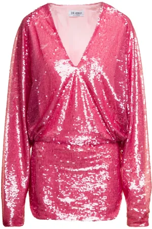 The Attico Kleedjes, Dames, Roze, S, Pailletten, Fuchsia Sequin Mini Jurk V-Hals