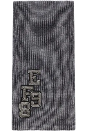 Elisabetta Franchi Accessoires, Dames, Grijs, ONE Size, Wol, Geribbeld wollen sjaal met jacquardletters