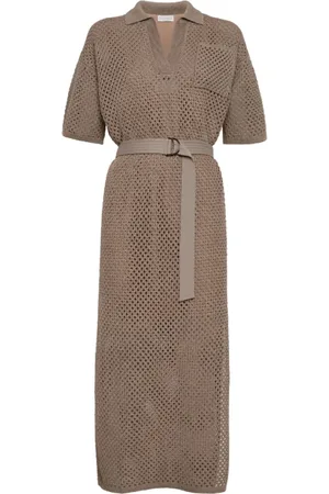 Brunello Cucinelli Kleedjes, Dames, Bruin, M, Katoen, Gehaakte katoenen midi-jurk