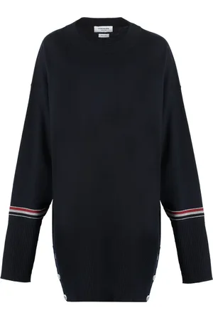 Thom Browne Truien, Dames, Blauw, S, Wol, Gestreept Merino wollen trui