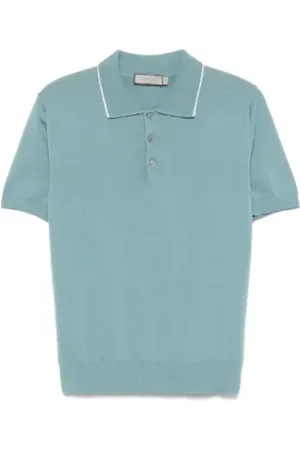 CANALI Tops, Heren, Blauw, M, Katoen, Geribbelde Polo Shirt met Knoopsluiting