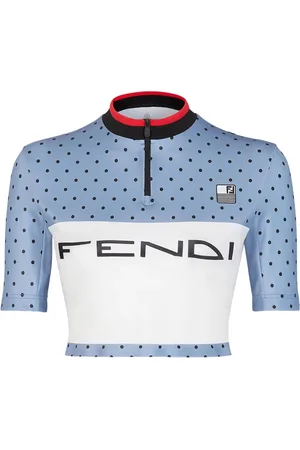 Fendi Tops, Dames, Blauw, S, Blauw Gestreept Crop Top met Halve Rits