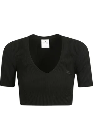 Courrèges Truien, Dames, Zwart, M, Polyester, V-hals Geribbelde Gebreide Cropped Trui
