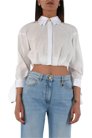 Elisabetta Franchi Blouses & Shirts, Dames, Wit, 2Xl, Katoen, Poplin Blouse met Kristallen en Strik