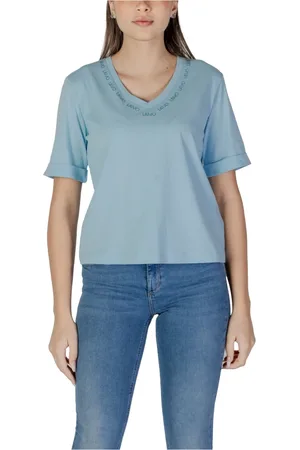 Liu Jo Tops, Dames, Blauw, M, Katoen, V-hals katoenen T-shirt