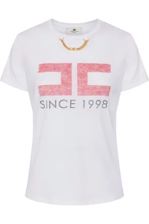 Elisabetta Franchi Tops, Dames, Wit, M, Katoen, Logo Katoenen T-shirt