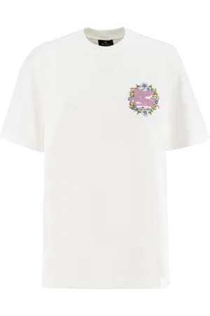 Etro Tops, Dames, Wit, XS, Katoen, Floral Pegasus Crewneck Katoenen T-shirt