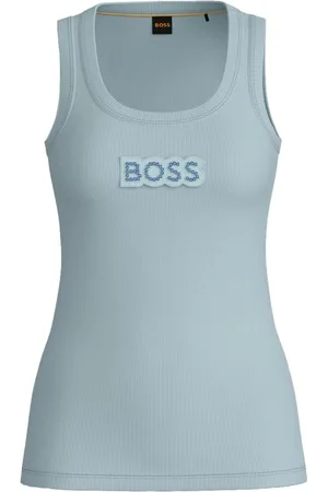 HUGO BOSS Tops, Dames, Blauw, S, Katoen, Geribbeld katoenen hemdje met kristallogo