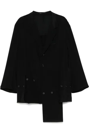 YOHJI YAMAMOTO Mantels, Heren, Zwart, L, Leer, Zwarte Deconstructed Jas met Knoopsluiting