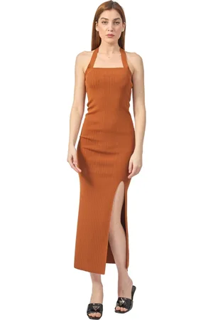 Silvian Heach Kleedjes, Dames, Bruin, 2Xs, Bruine Geribbelde Gebreide Jurk met Asymmetrisch Design