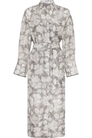 Brunello Cucinelli Kleedjes, Dames, Grijs, L, Leaf Print Belted Midi Jurk